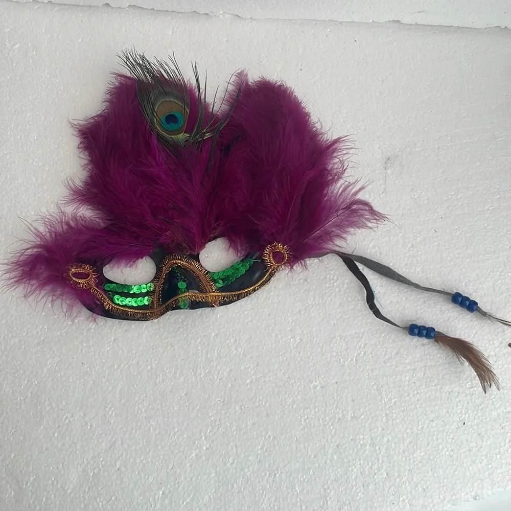 Peacock feather mask sequins Halloween masquerade Mardi Gras cosplay theater vtg